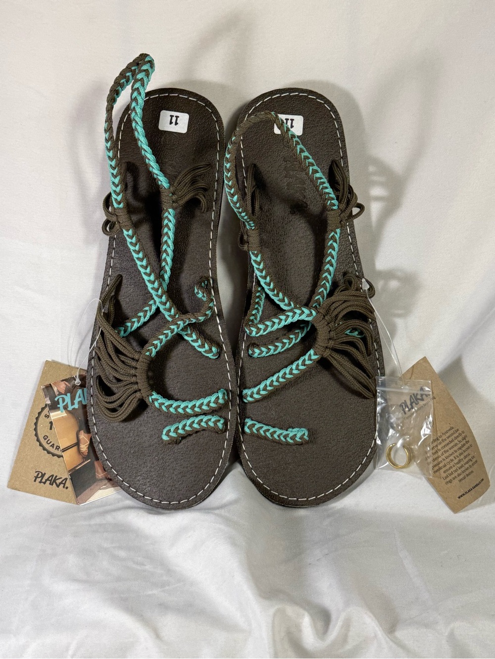 Plaka size 11 NEW hand woven sandals turquoise and brown